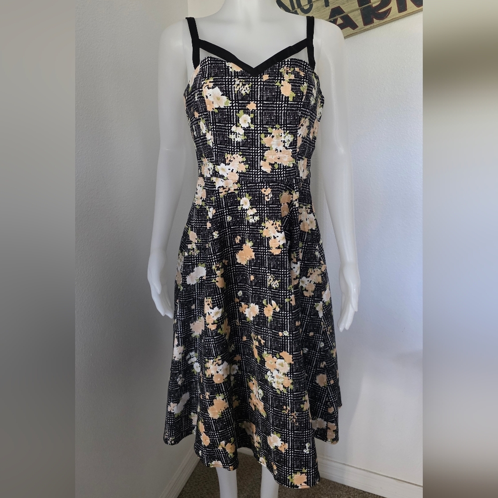 Hearts & Roses Plaid & Floral Midi A Line Retro Dress US Size 8
